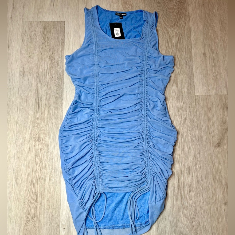 FASHION NOVA Baby Blue Ruched Mesh Mini Dress. NWT! Never worn! - Picture 5 of 5